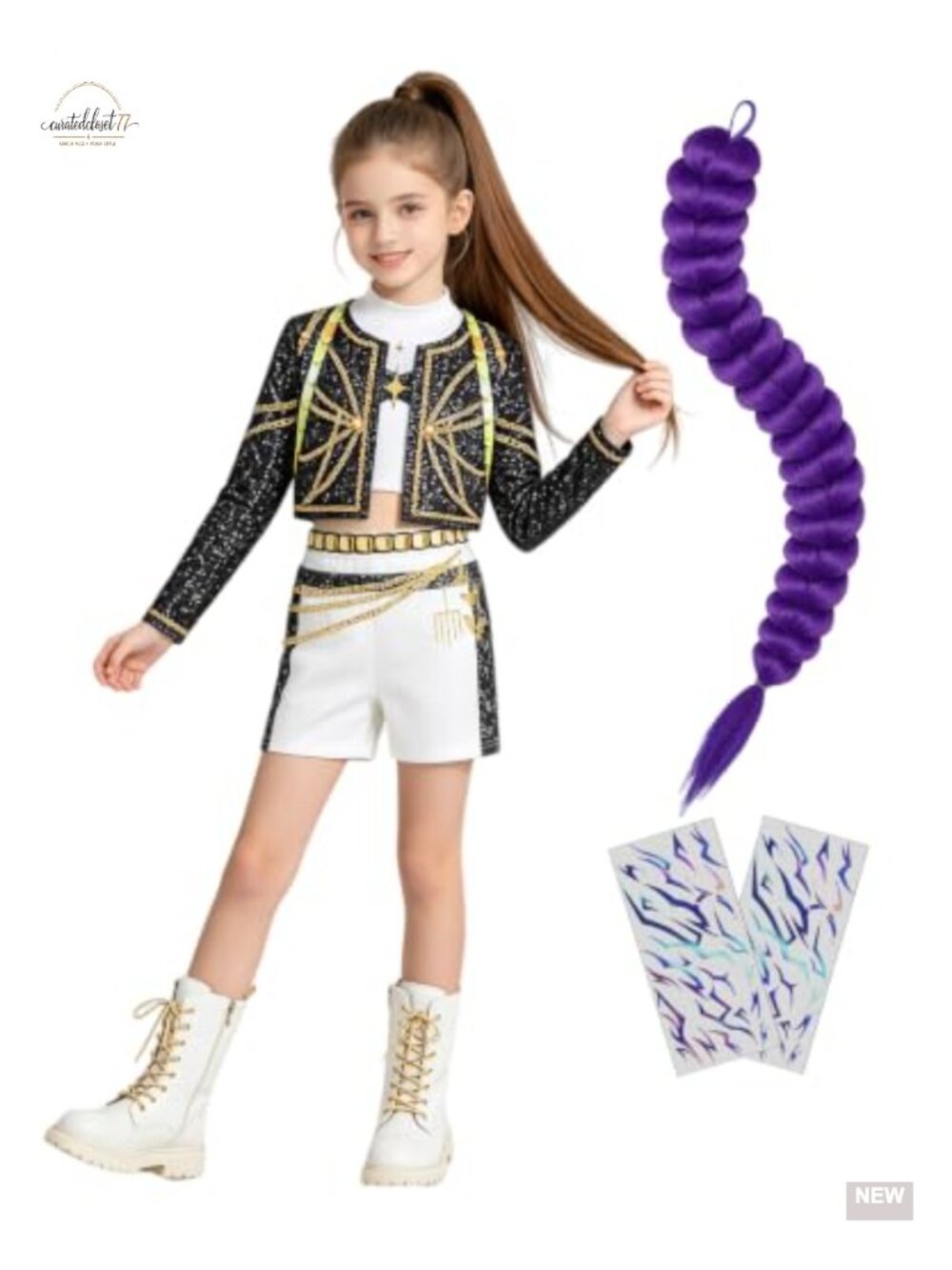 Kids Pop Star Costume Set with Jacket Top Shorts Braid Accessories